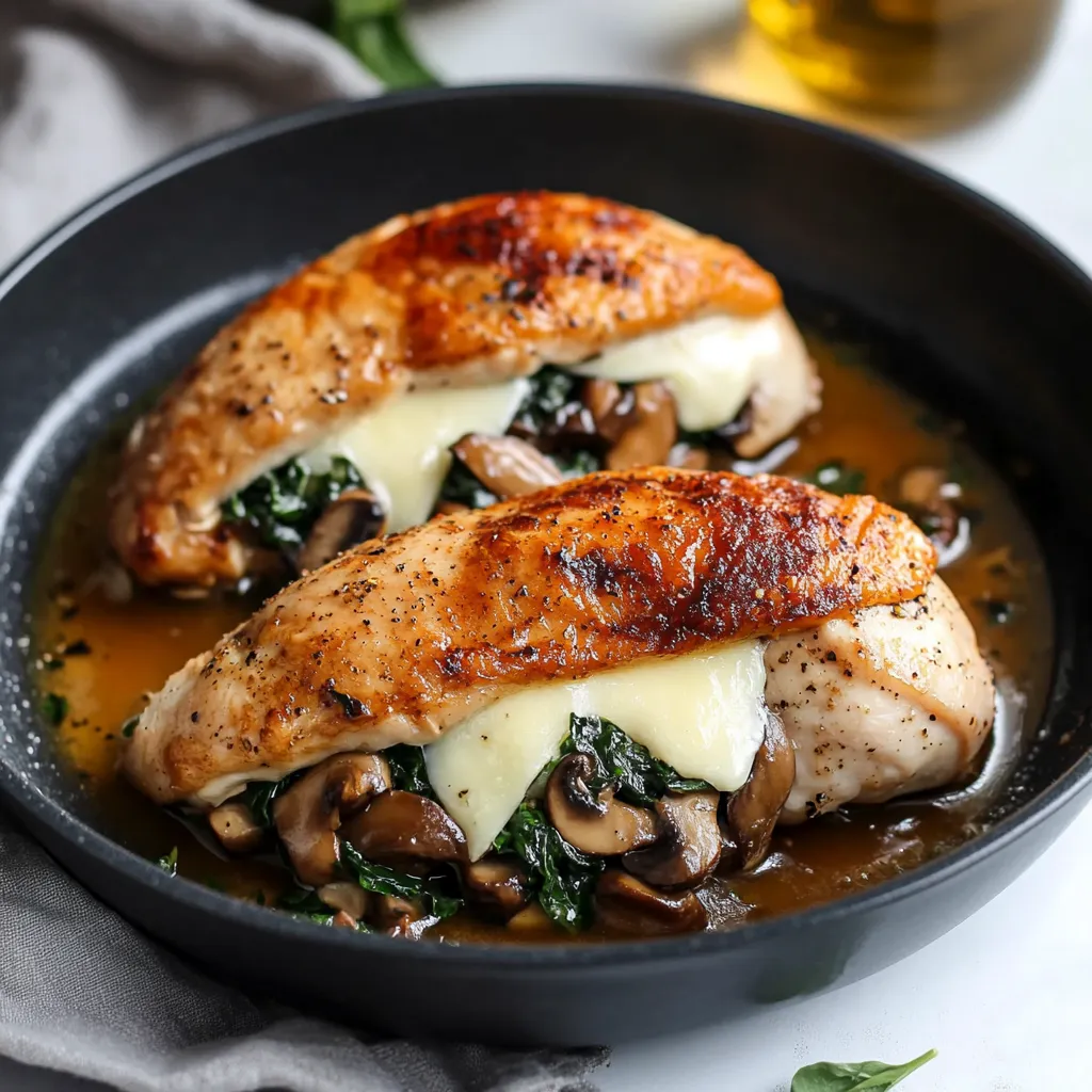 Chicken, mushrooms, and cheese on a plate.