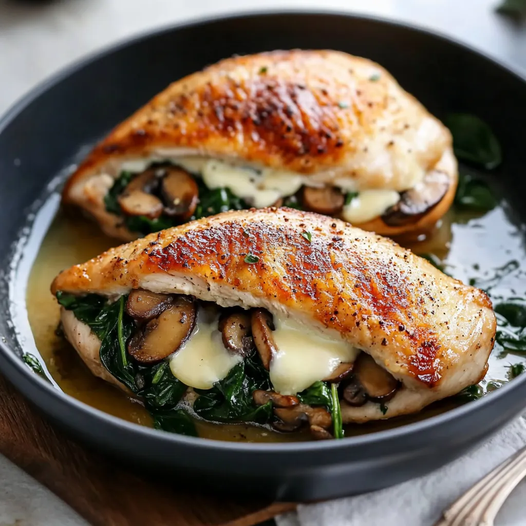 Two pieces of chicken with mushrooms and spinach.
