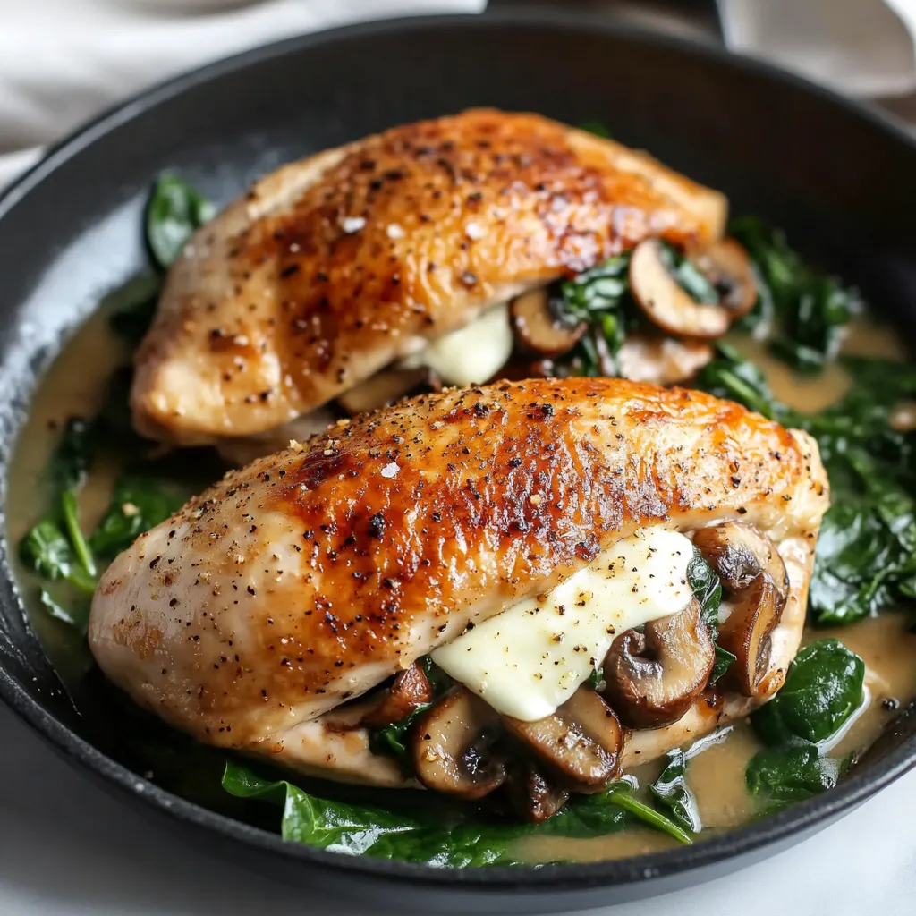 A pan of chicken with mushrooms and spinach.