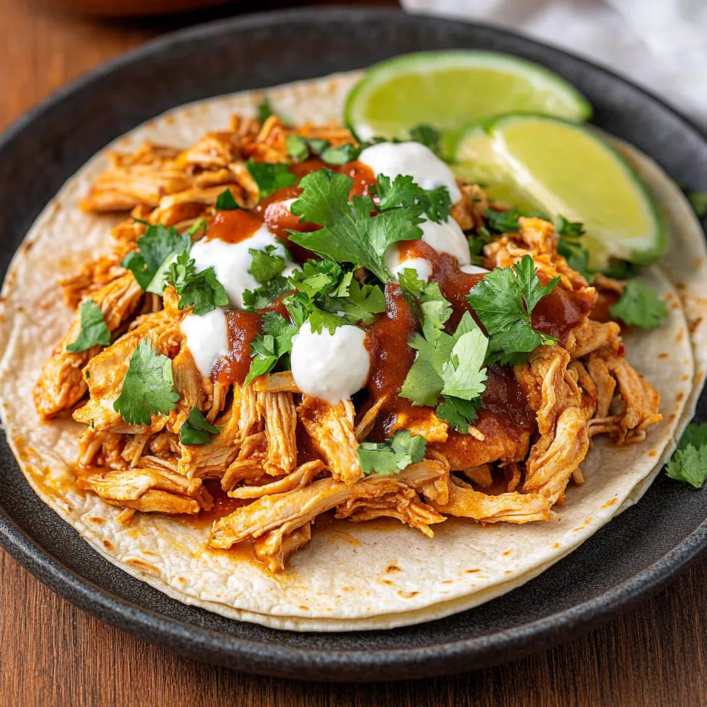 A round plate topped with a lime wedge and shredded chicken.