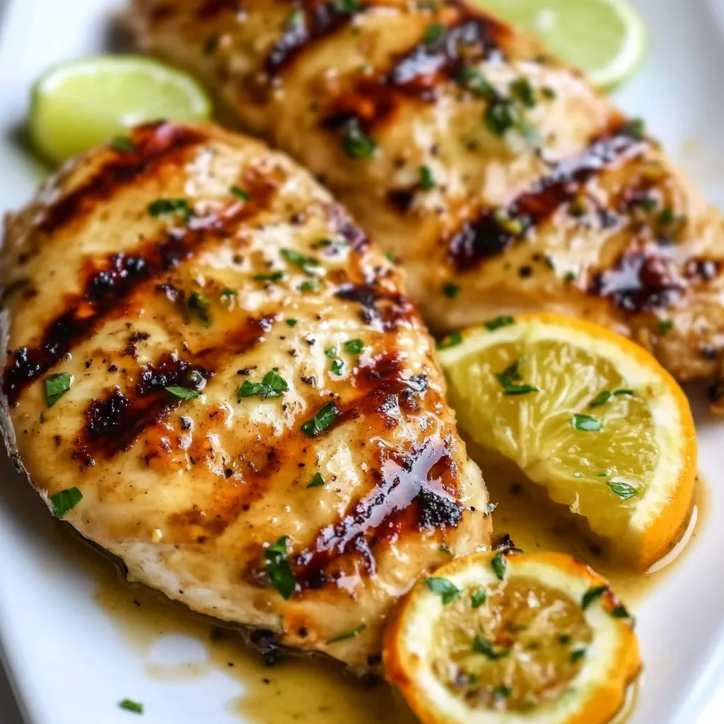 Chicken next to lemon wedges and fresh herbs.