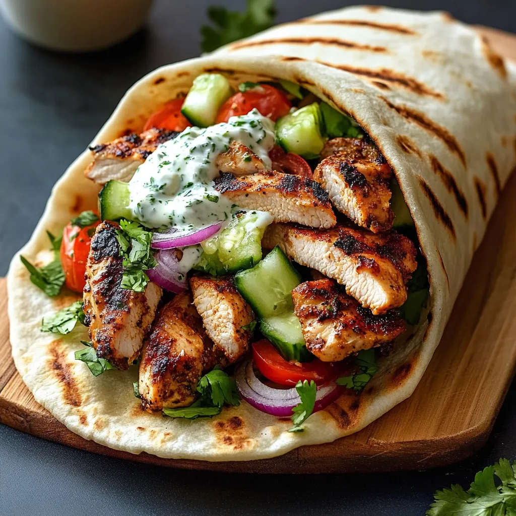 A wrap filled with chicken, tomatoes, cucumbers, and lettuce.