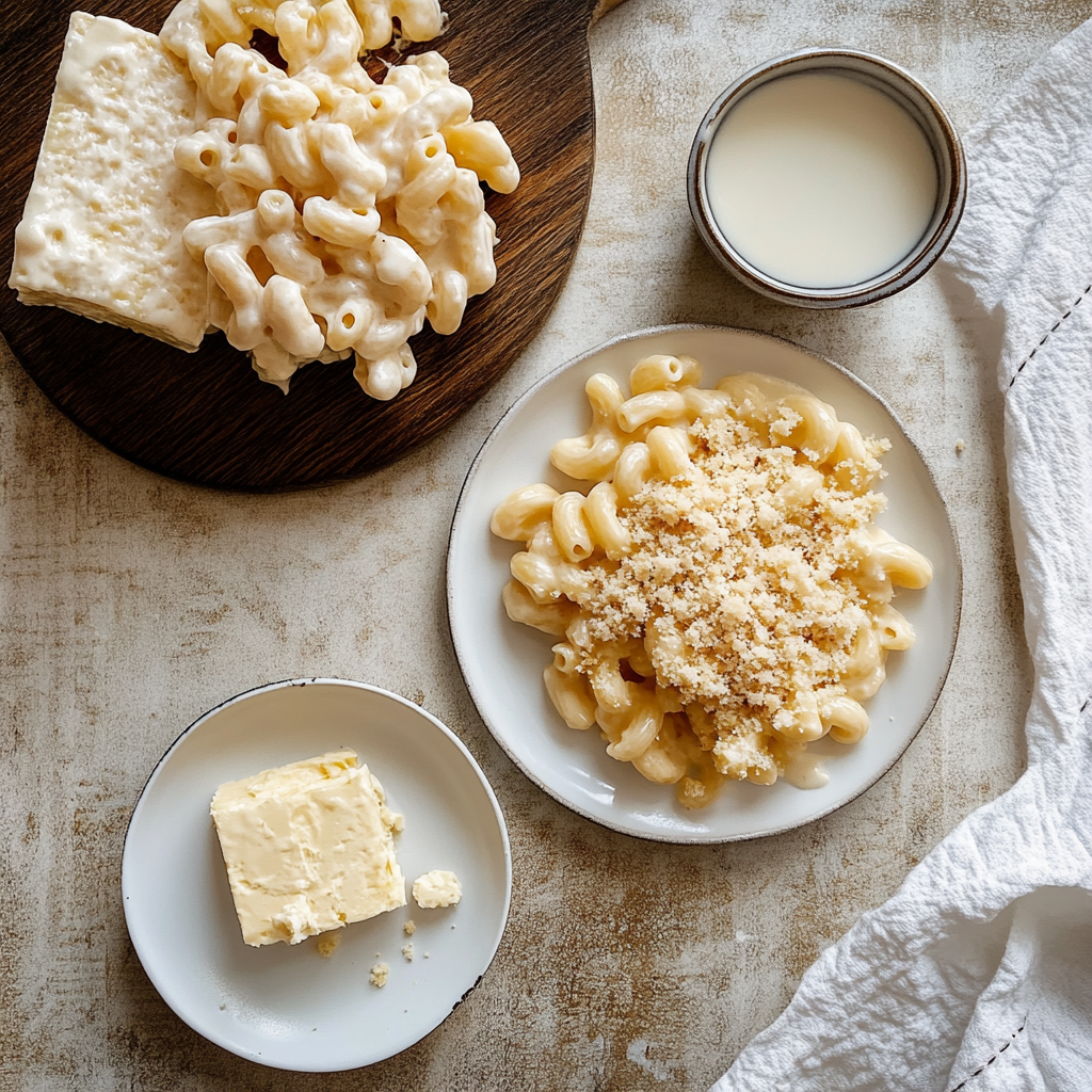 A plate of macaroni and cheese with a slice of butter on the side.