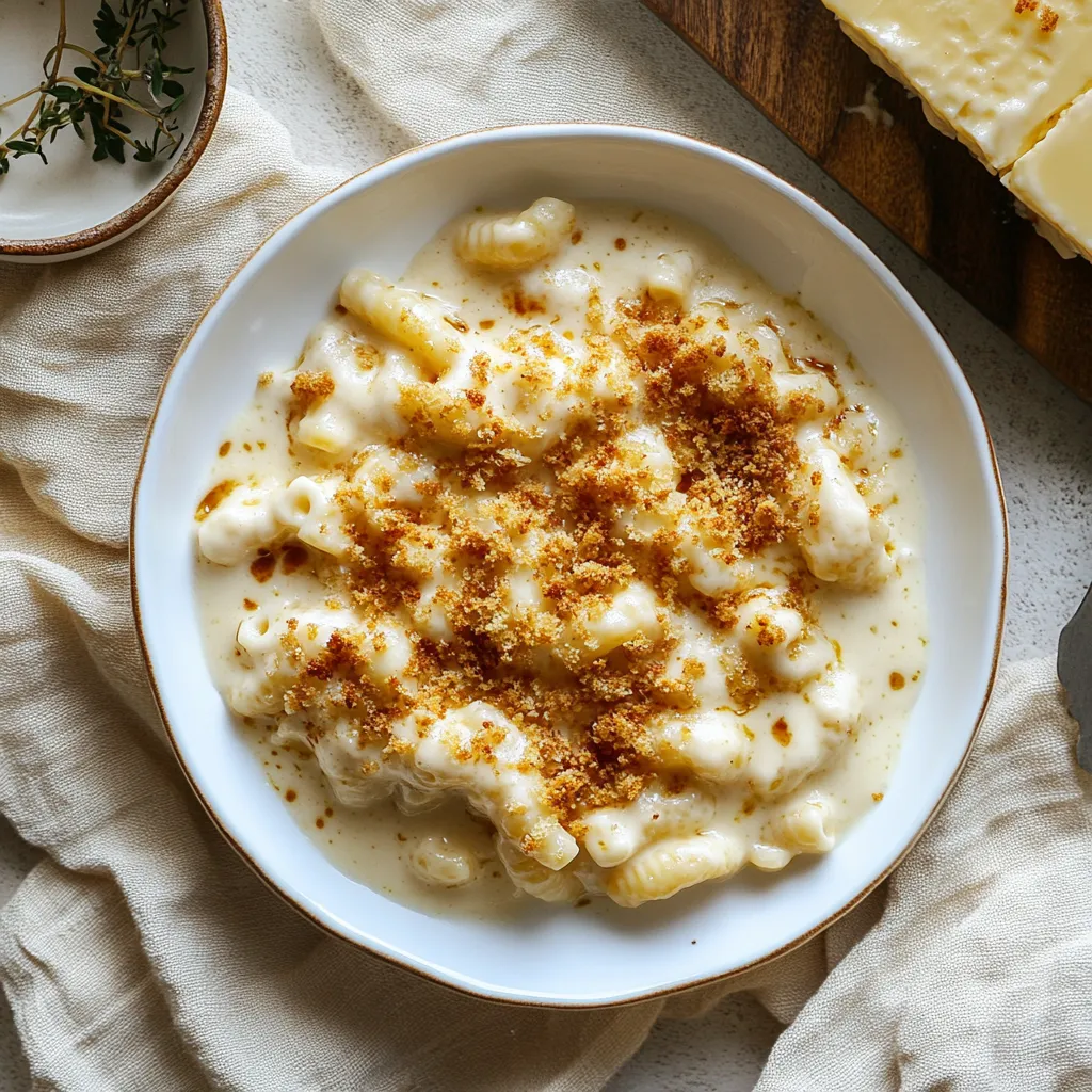 Macaroni in a bowl, cheesy on top with a sprinkle, looking creamy.