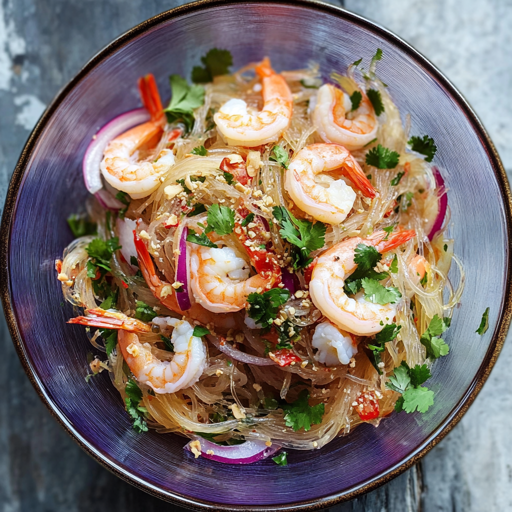 A bowl of shrimp and noodles.