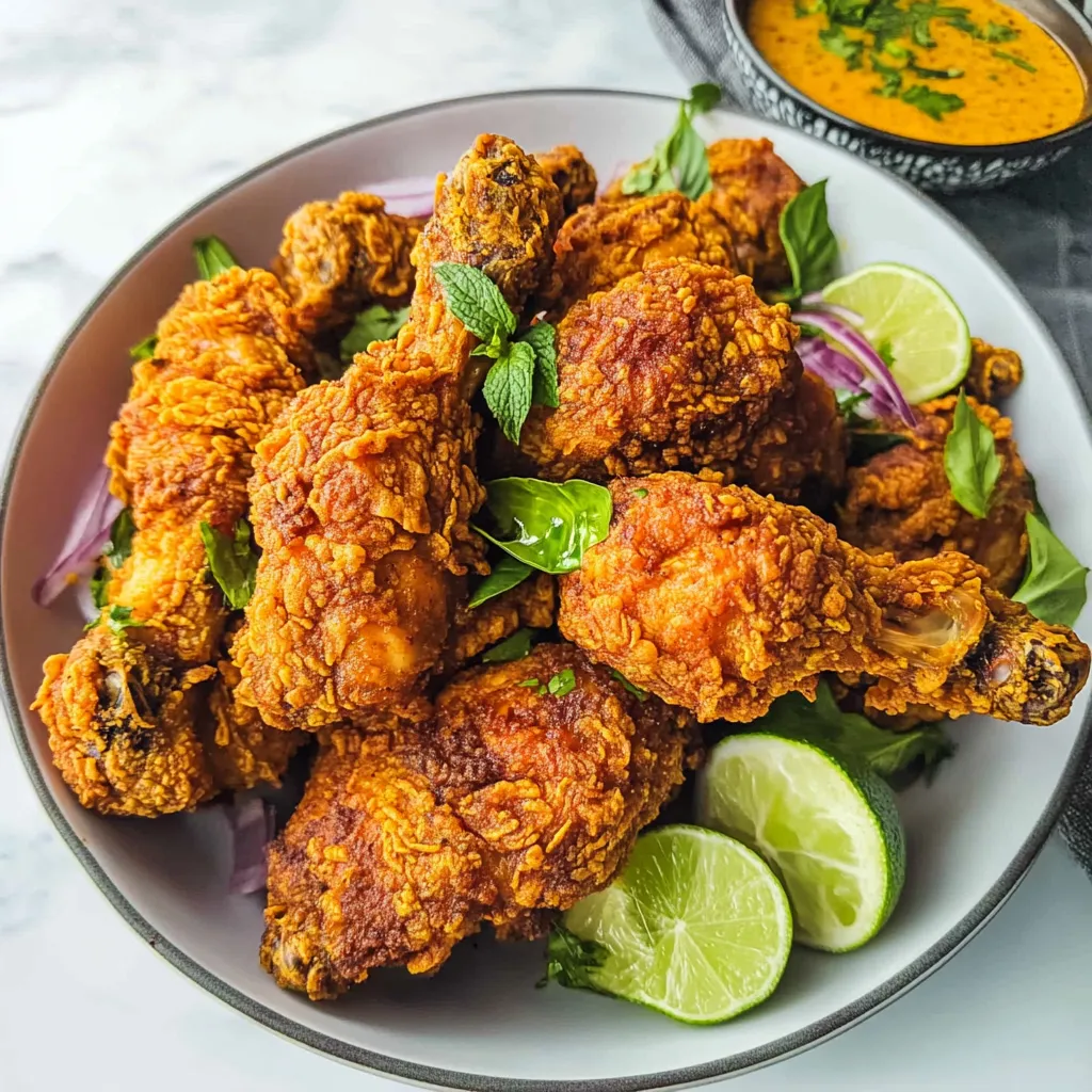 A plate of fried chicken with lime wedges.