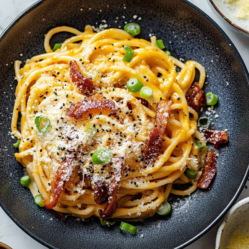 A bowl of pasta with bacon and peppers.