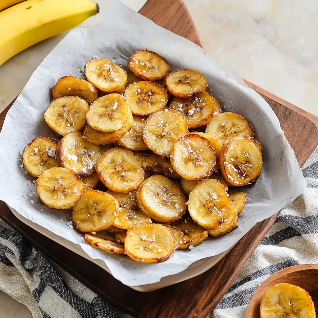 A plate of banana chips with a wooden cutting board.
