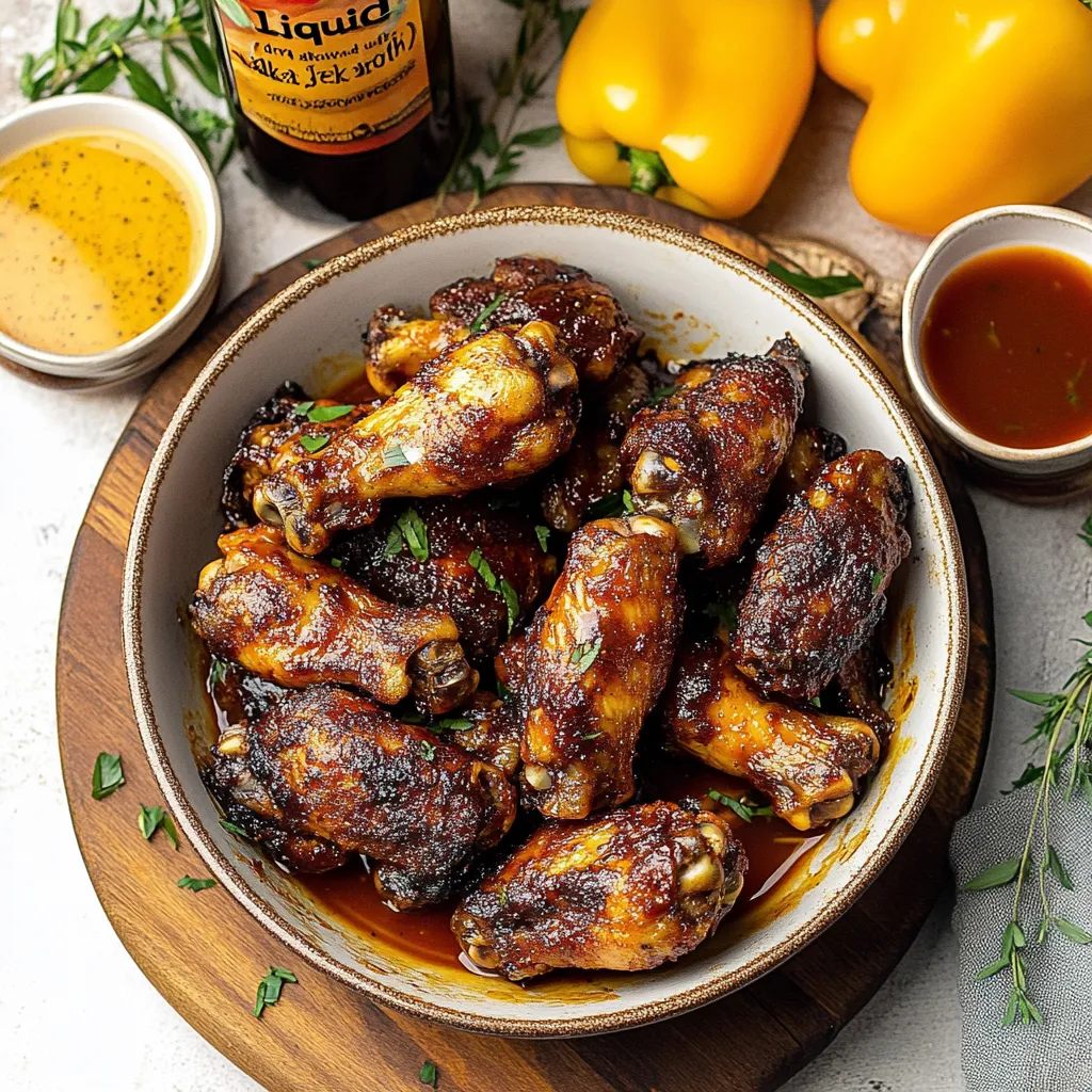 Chicken wings piled in a bowl, bottle of Liquid Jekyll in the background.