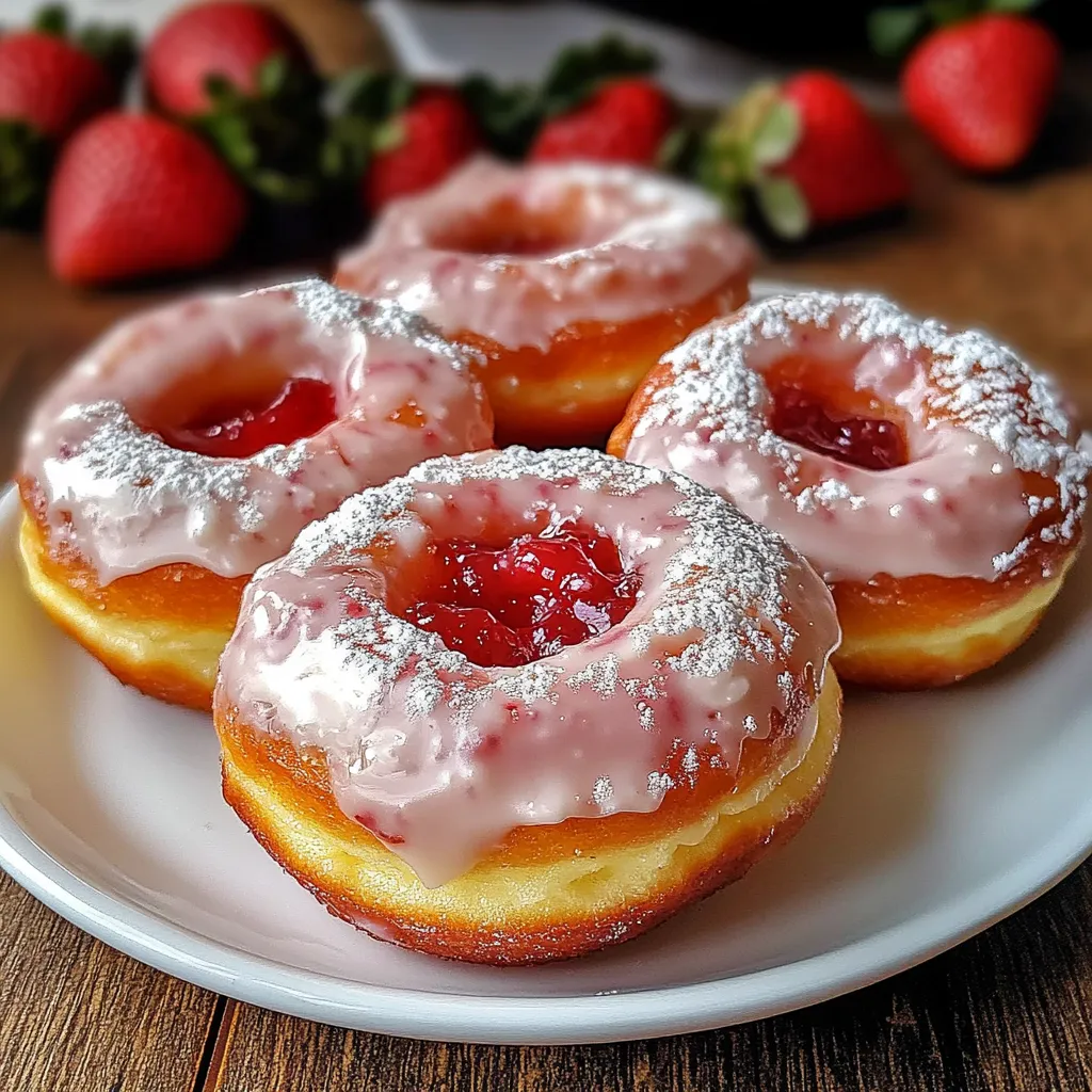 Three donuts with powdered sugar and strawberries on top.