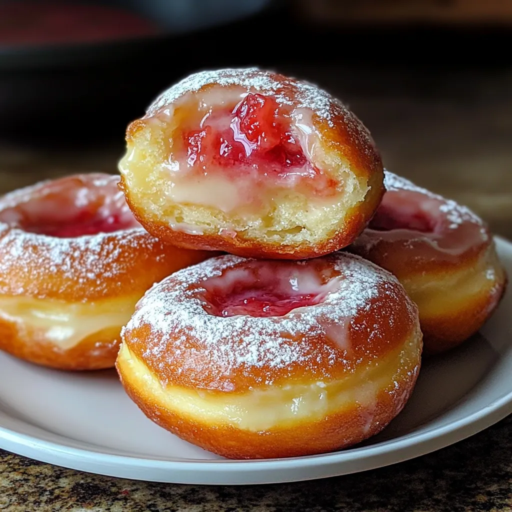 Three donuts with jelly and powdered sugar.