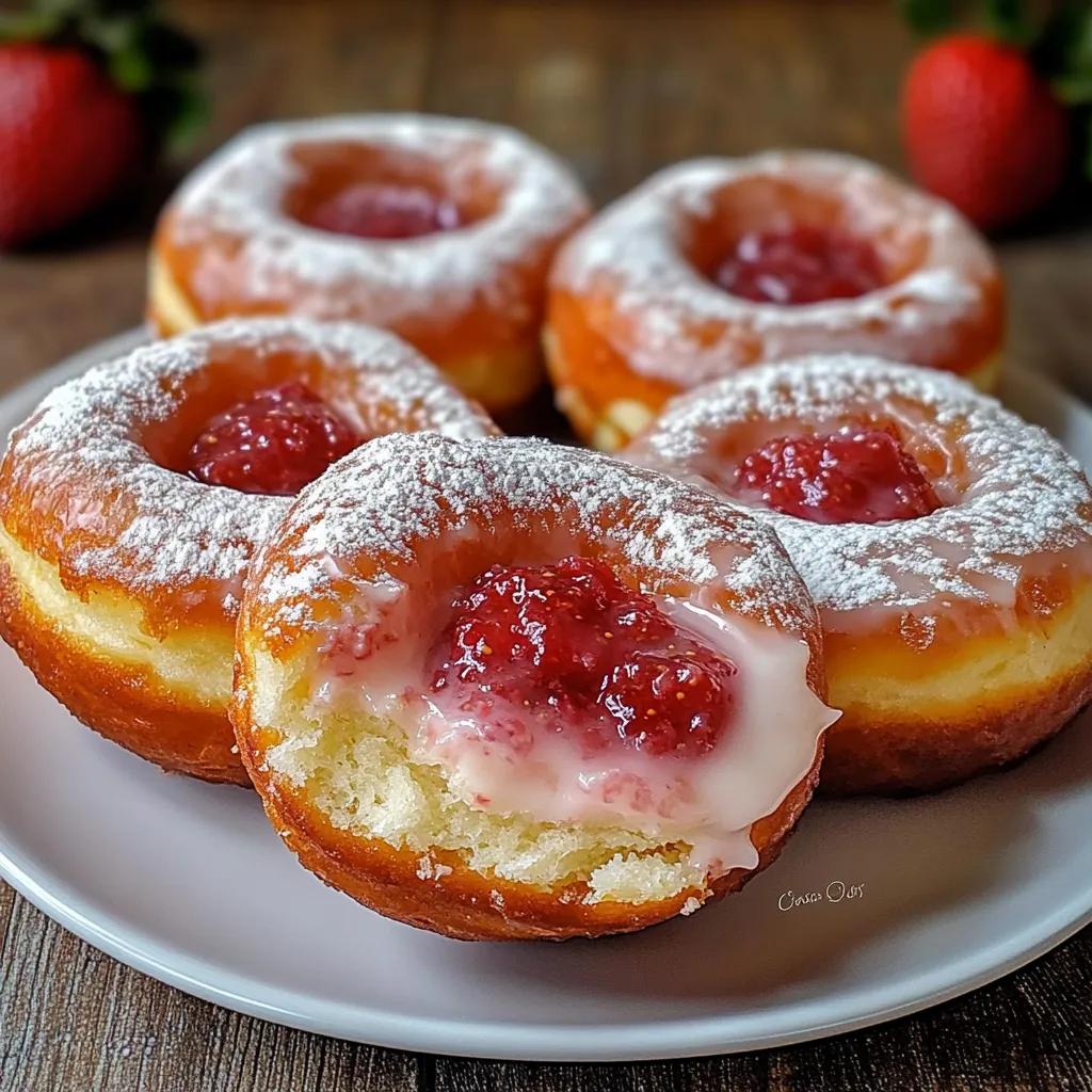 A plate of donuts with strawberry jam.
