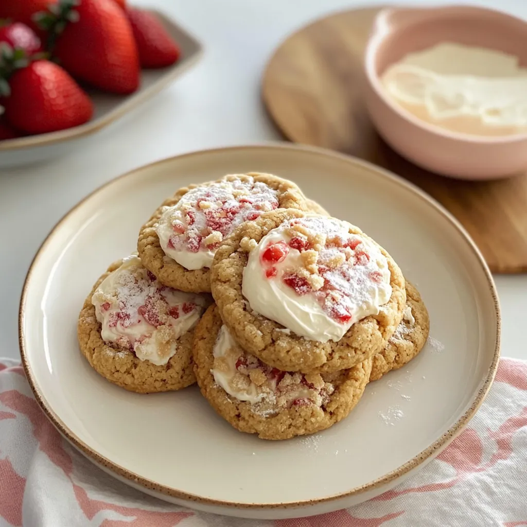 White-frosted cookies topped with strawberries on a plate.