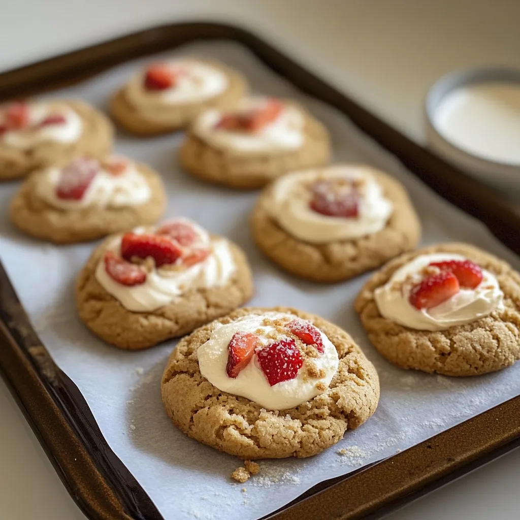 A tray of cookies with strawberries on top.