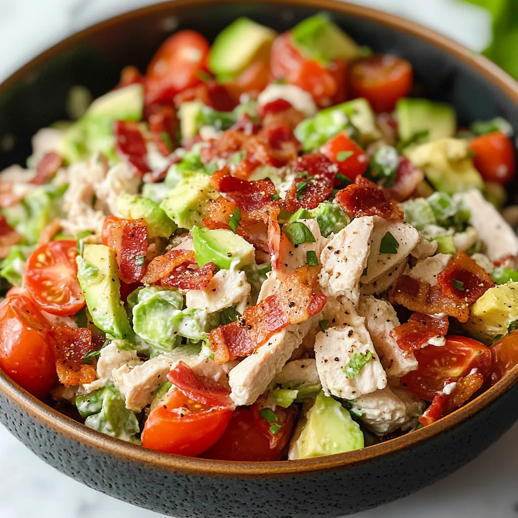 A bright chicken salad bowl with tomatoes and bacon.