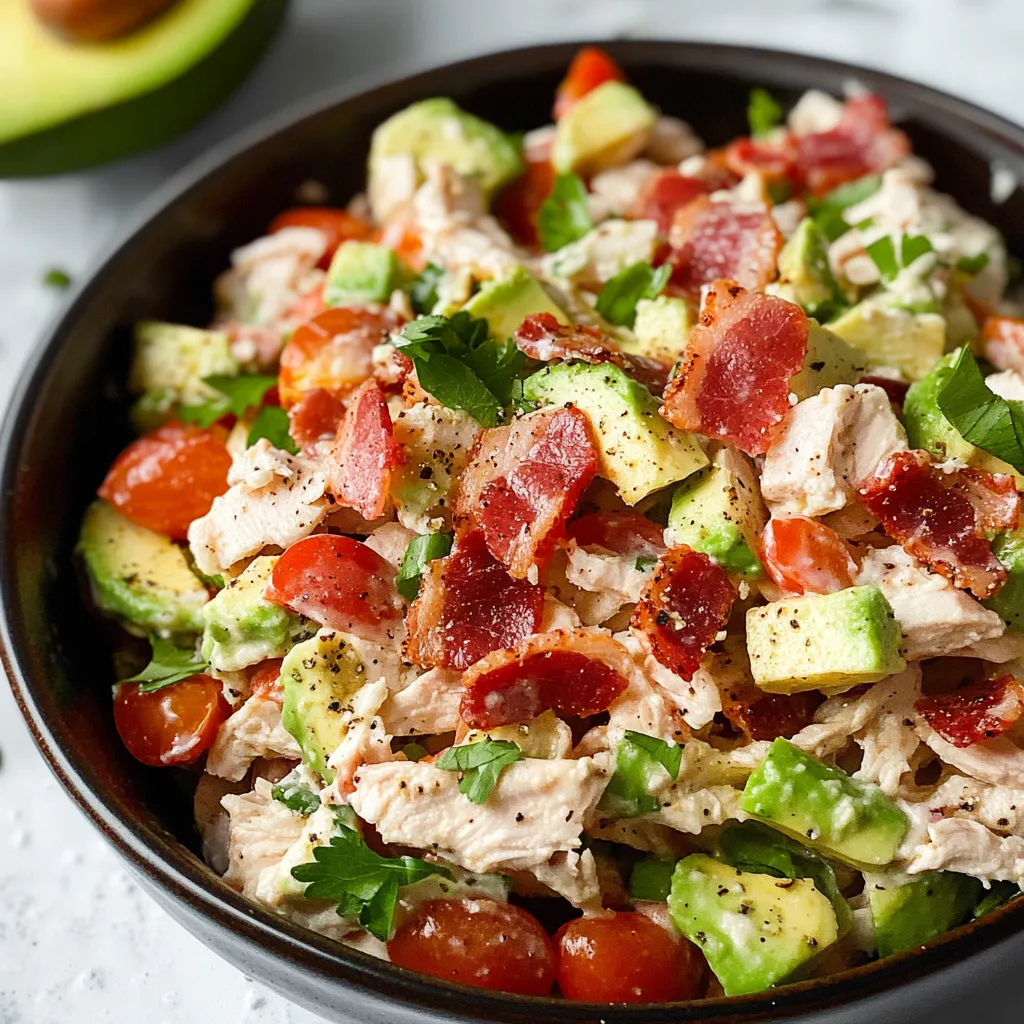 A bowl packed with chicken, avocado chunks, and tomatoes.