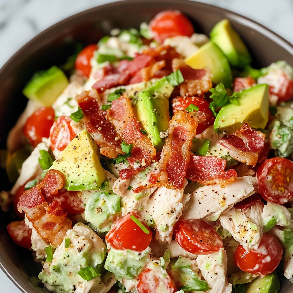 Hearty salad bowl loaded with bacon, tomatoes, and avocado.