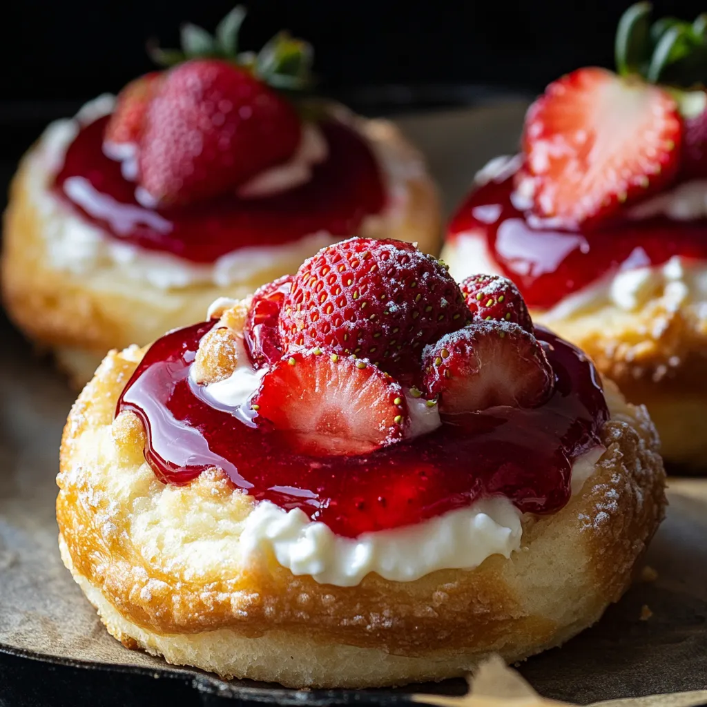 Two strawberry shortcakes with strawberries on top.