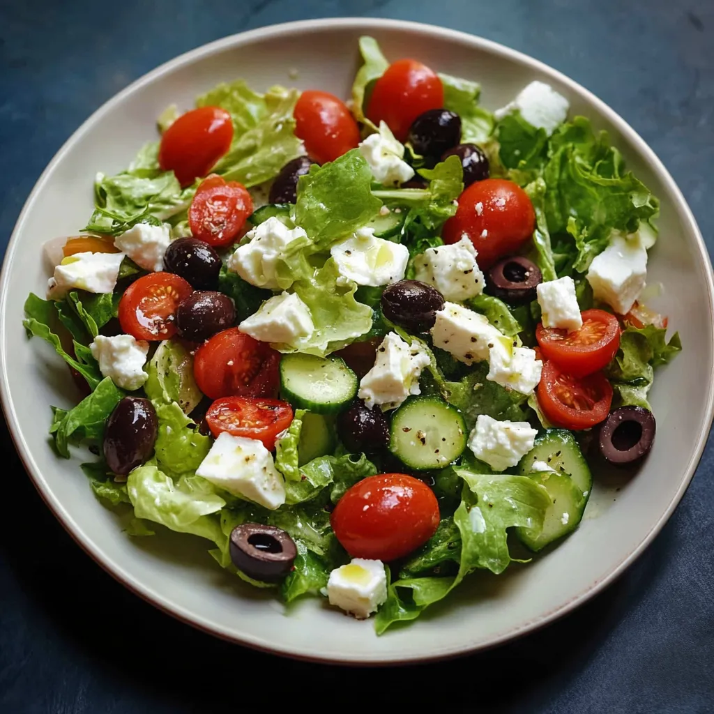 A plate piled high with tomatoes, cucumbers, olives, and chunks of feta.