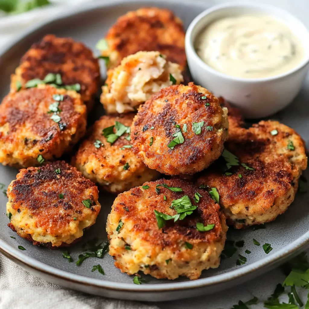 A plate with salmon croquettes and a dipping sauce on the side.