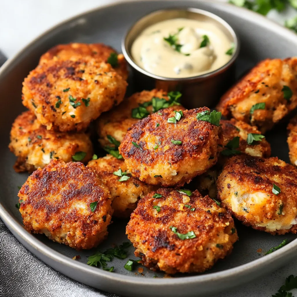 A plate topped with fried croquettes and sauce for dipping.