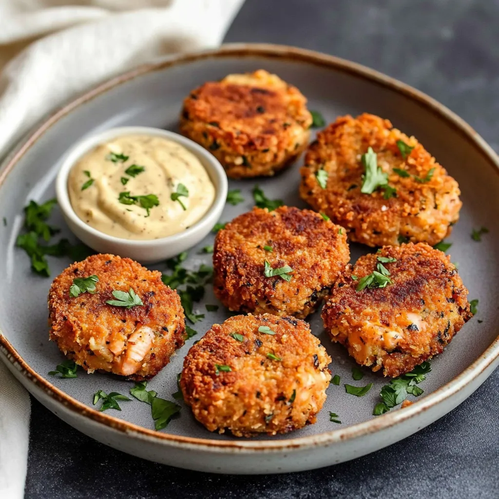 A plate with golden fish cakes and a bright dipping sauce on the side.