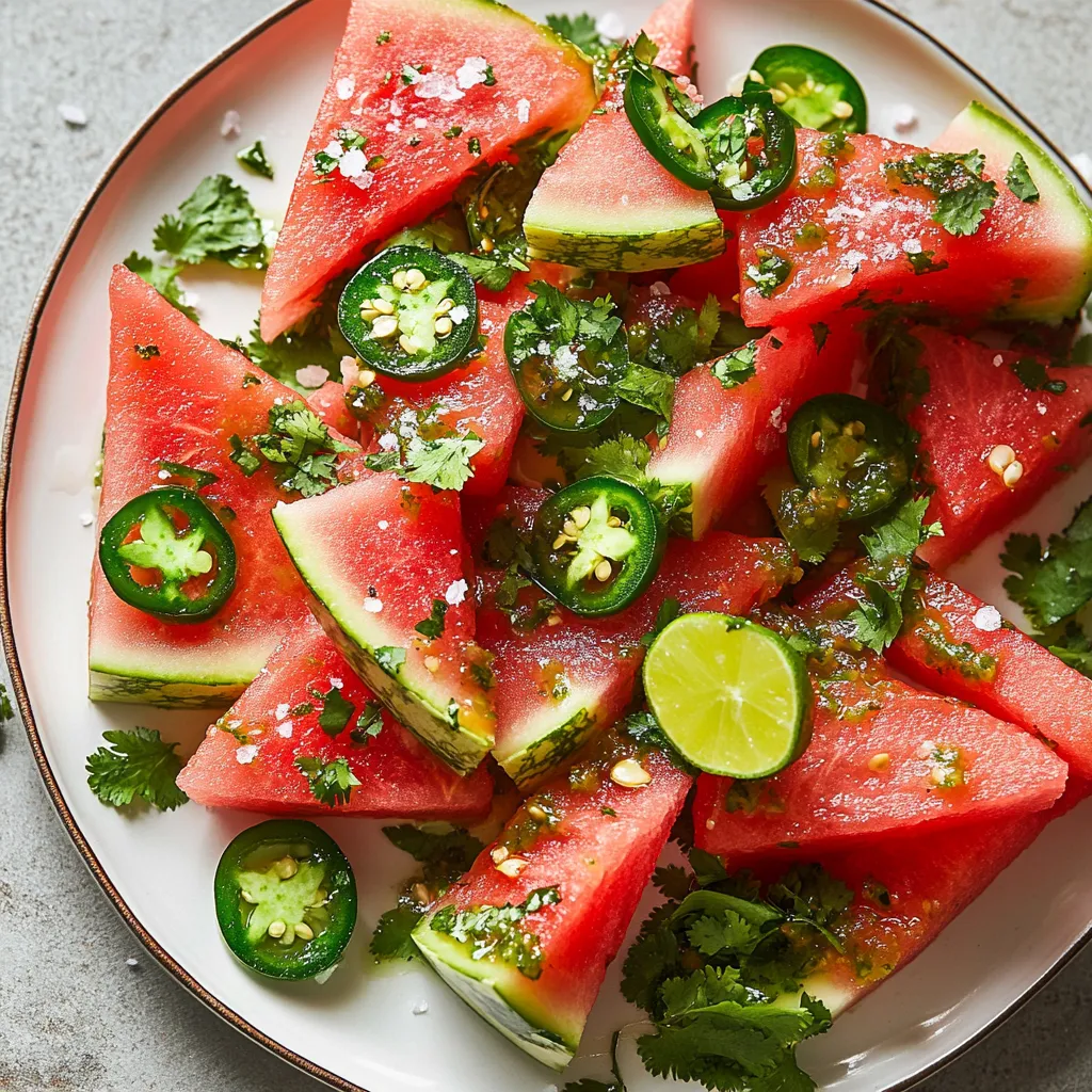 A plate of watermelon slices with jalapenos on top.