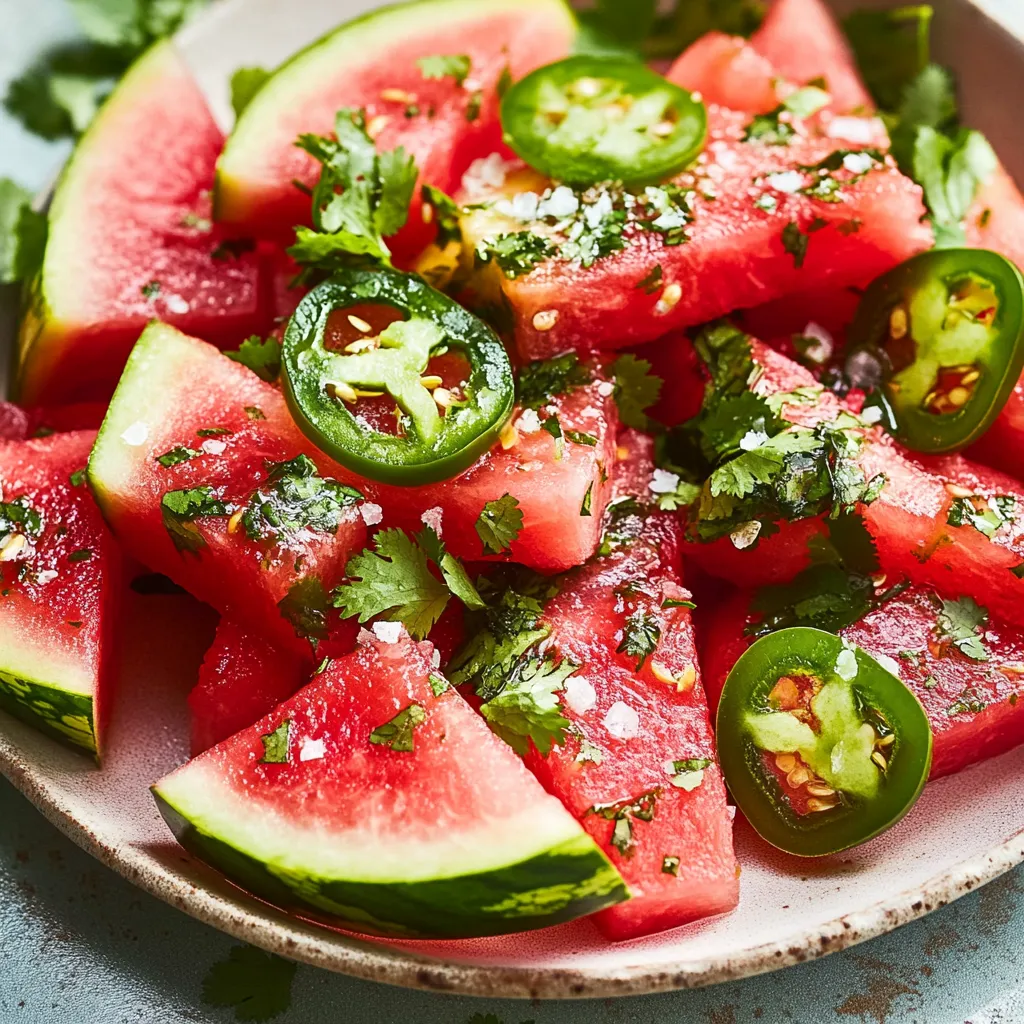 A plate of sliced watermelon with jalapenos on top.