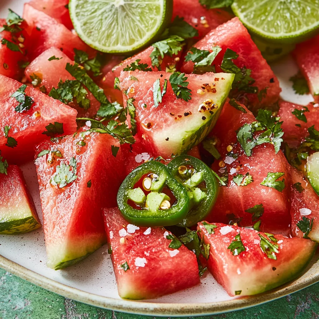 A plate of watermelon with jalapenos on top.