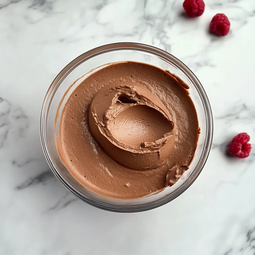 Chocolate mousse in a glass topped with a raspberry.