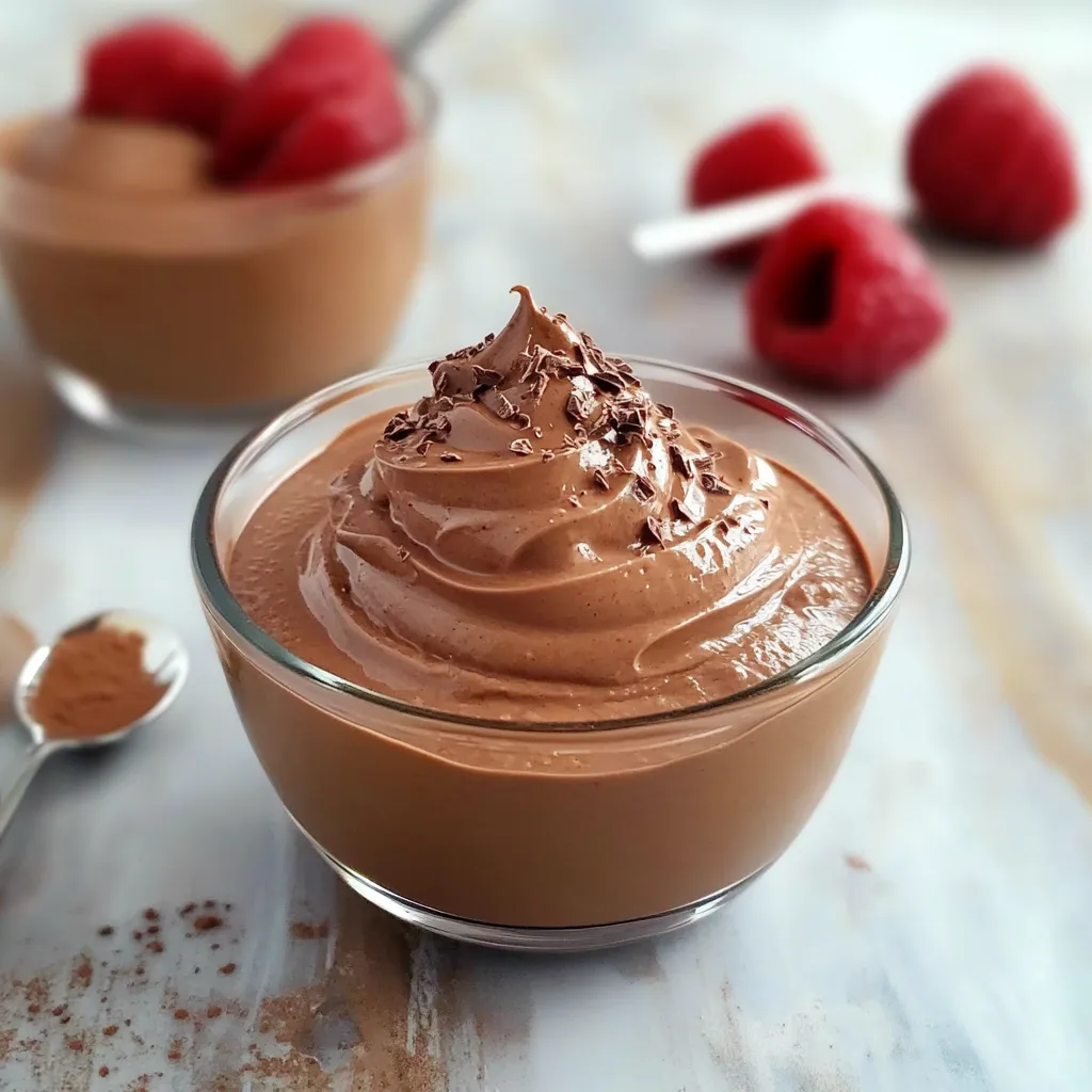 Bowl of chocolate mousse with chocolate chips on top.