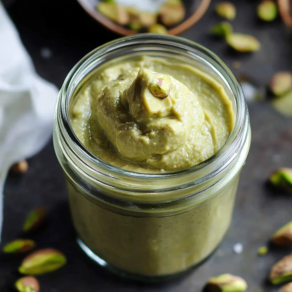 Green creamy spread in a jar with a spoon.