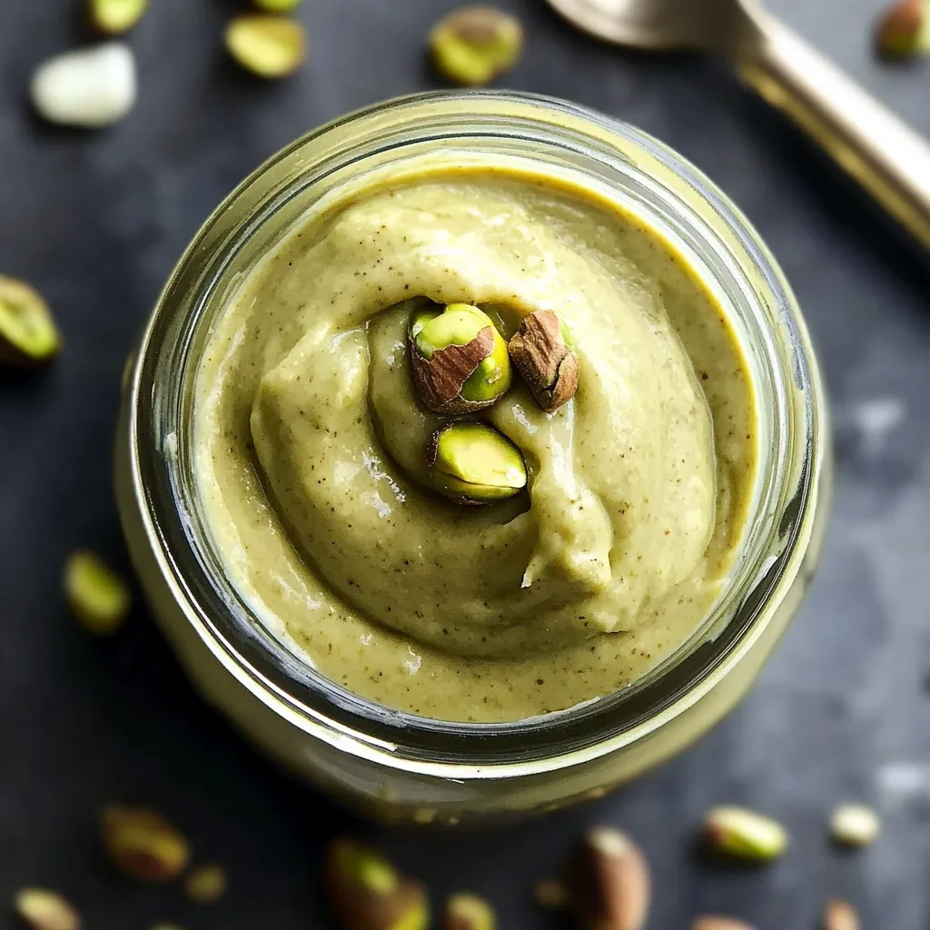 A jar of pesto with a nut on top.