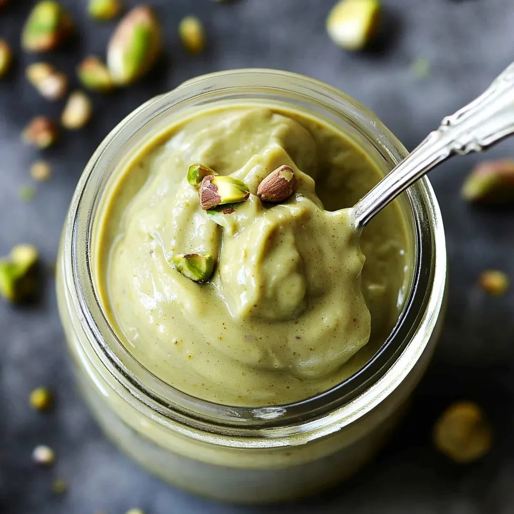 A jar of green food with a spoon in it.