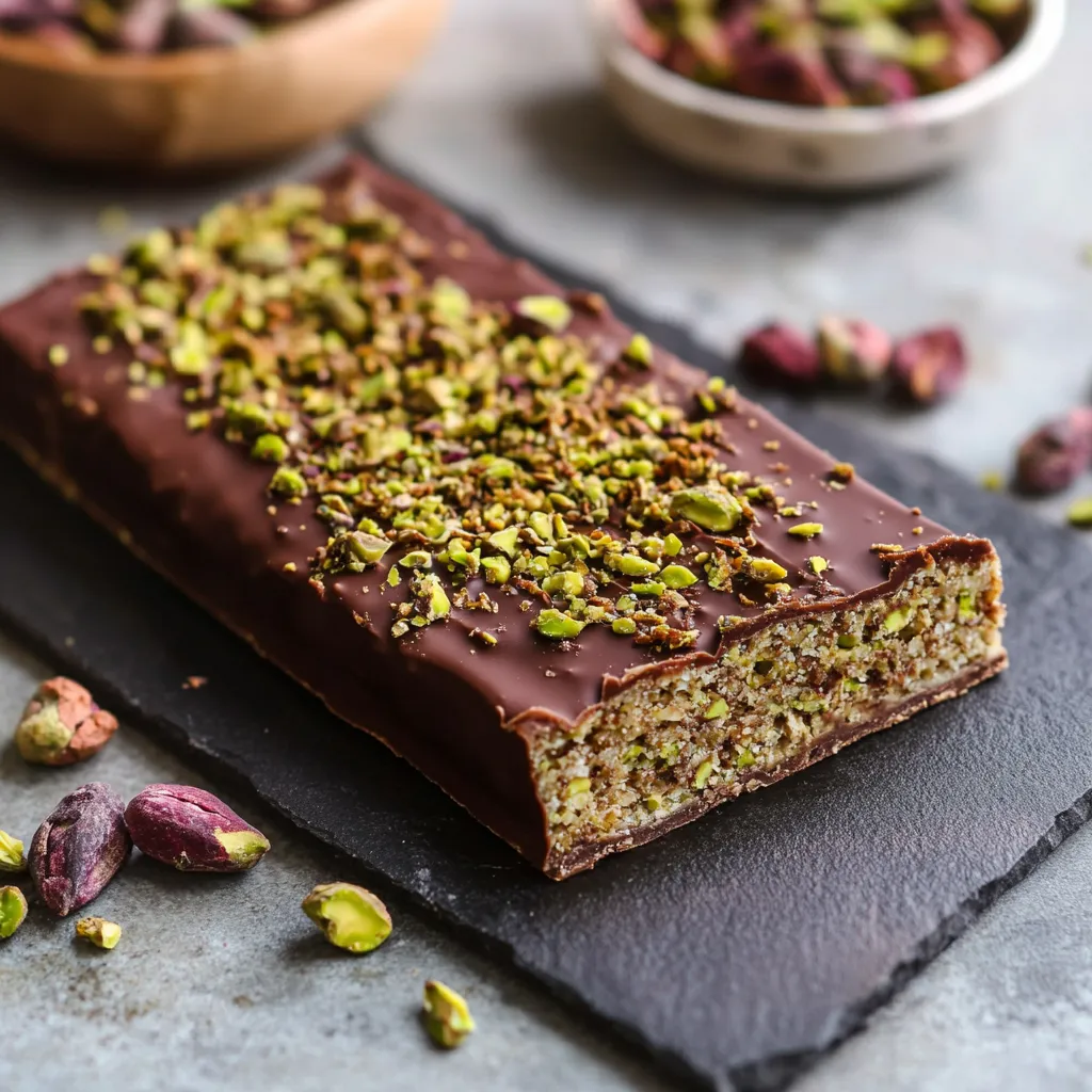 Chocolate bar with almonds sitting on a black plate.