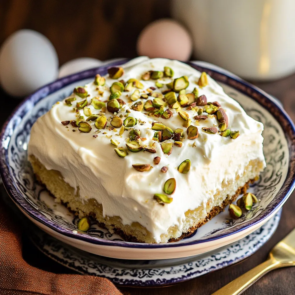 A slice of cake with white frosting and nuts on top.