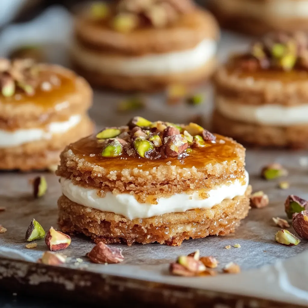 Zoomed in cookie sandwich with cream and crunchy nuts.
