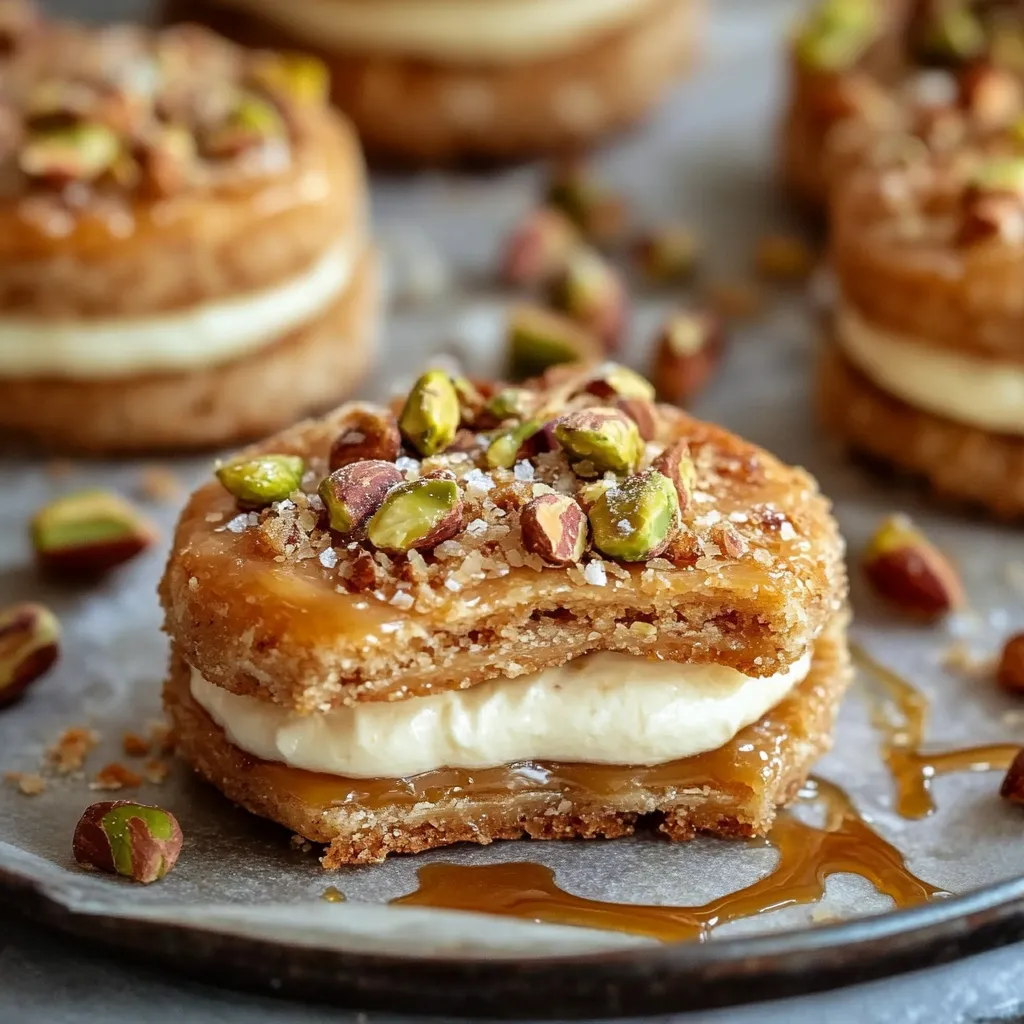 Desserts on a plate with a close look at a flaky one in front.