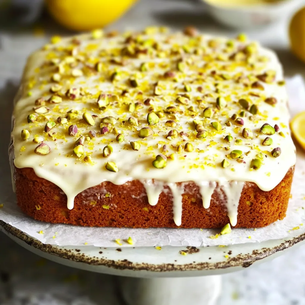 Lemon and almond-topped cake on a plate.