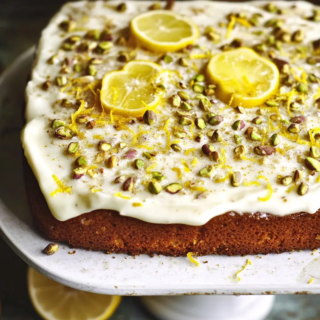 Cake topped with lemon slices on a platter.