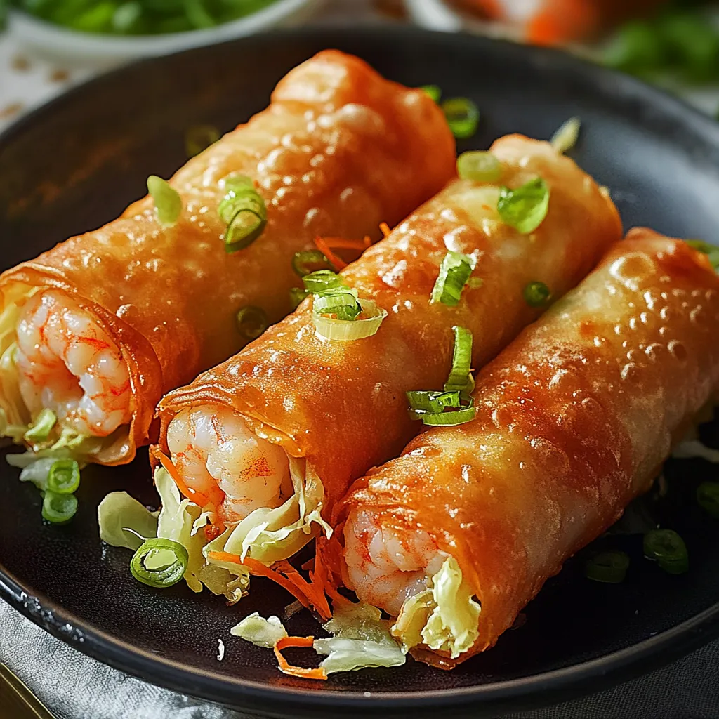 Shrimp and vegetable spring rolls on a plate.