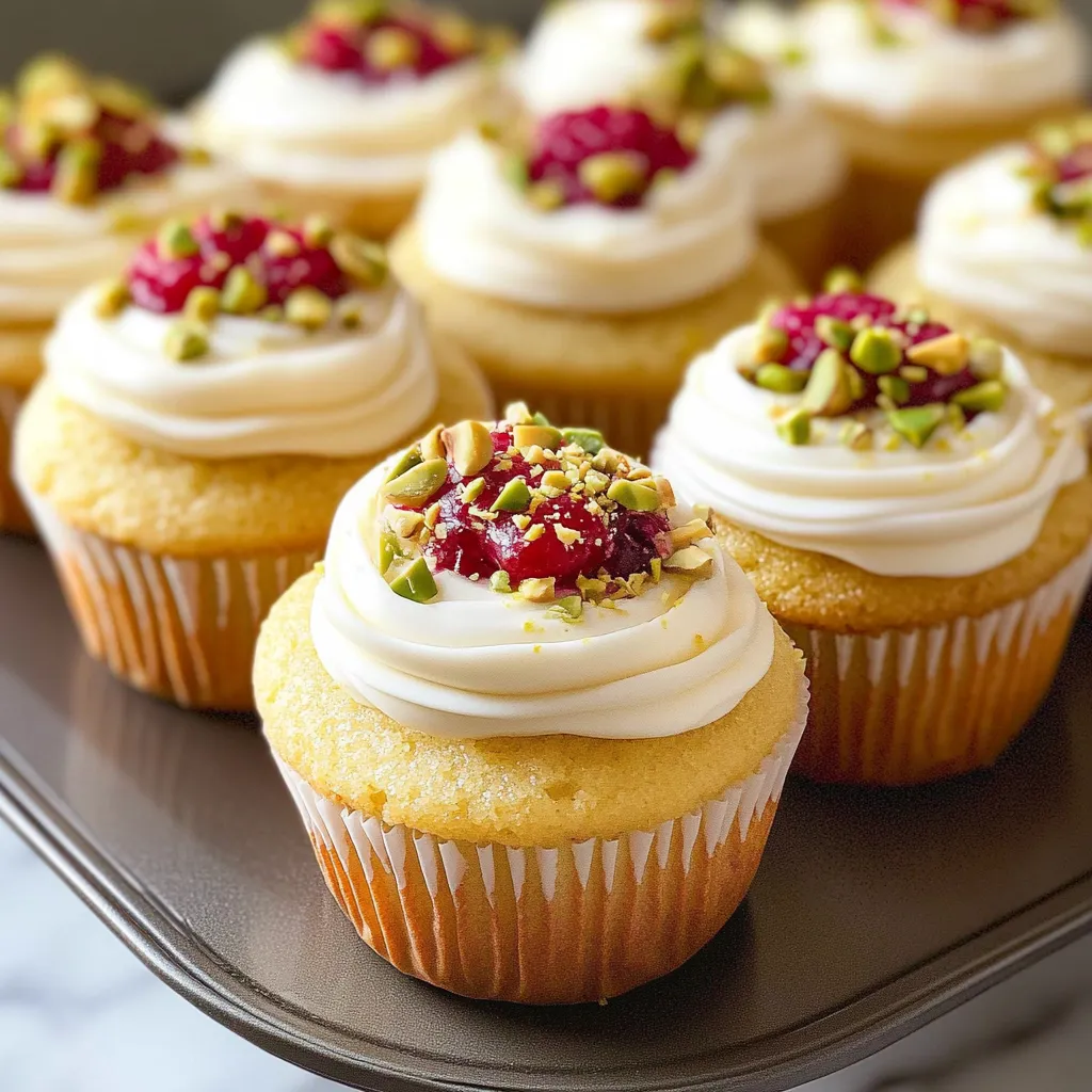 A plate of cupcakes with white frosting and pink frosting.
