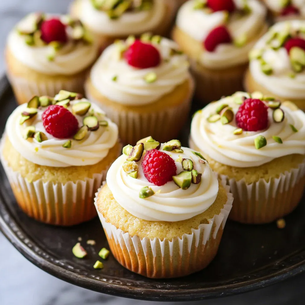 A plate of cupcakes with raspberries on top.