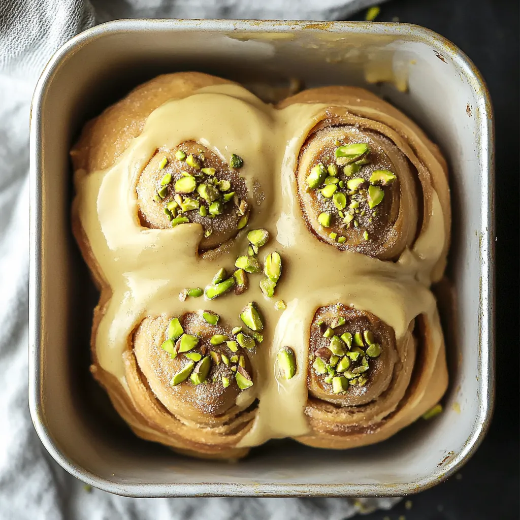 Pan full of pastry swirls topped with pistachios.