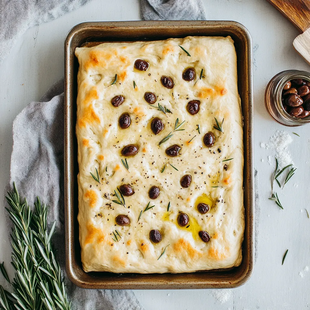 A metal pan piled high with golden focaccia, speckled with olives and sprigs of fresh herbs.