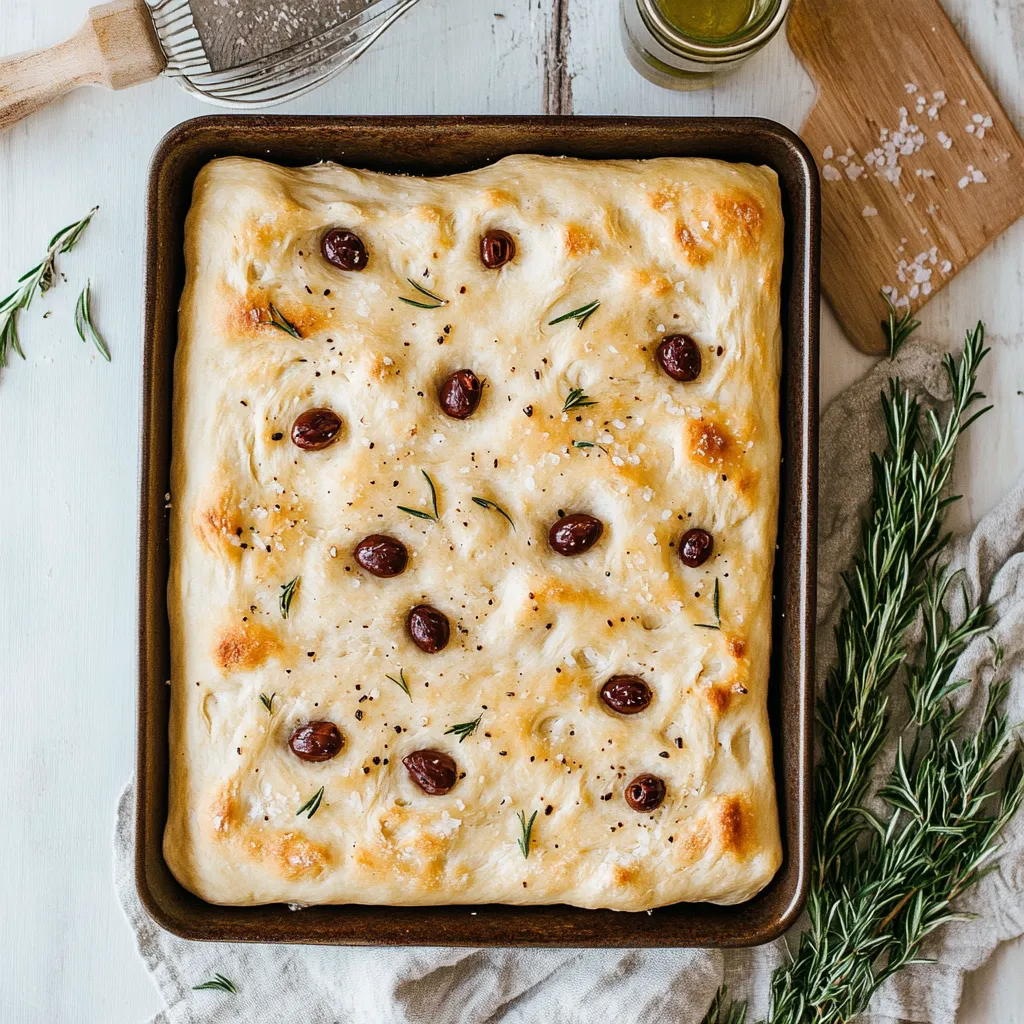 A square pan of food with olives and herbs.