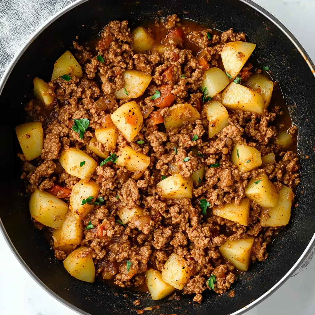 A bowl holding potatoes with turkey.