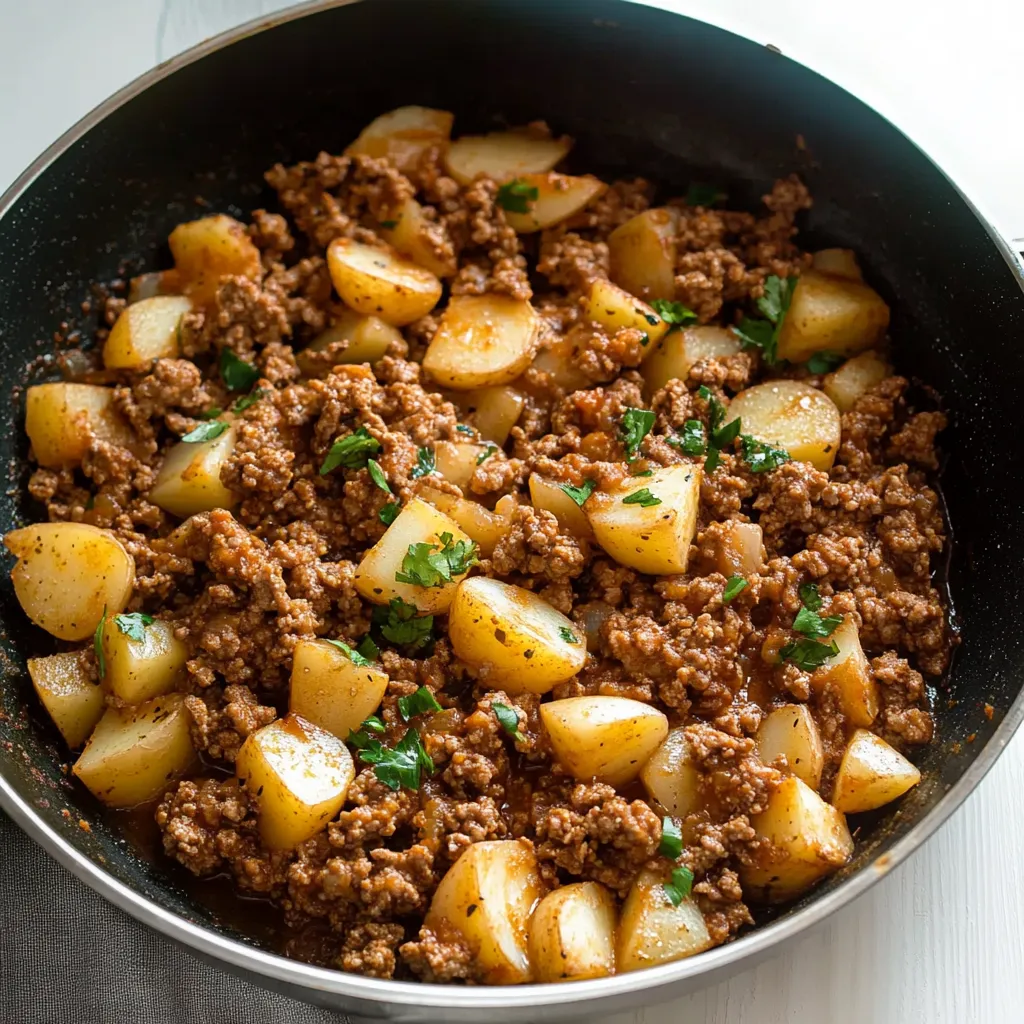 A pot loaded with potatoes and ground meat.