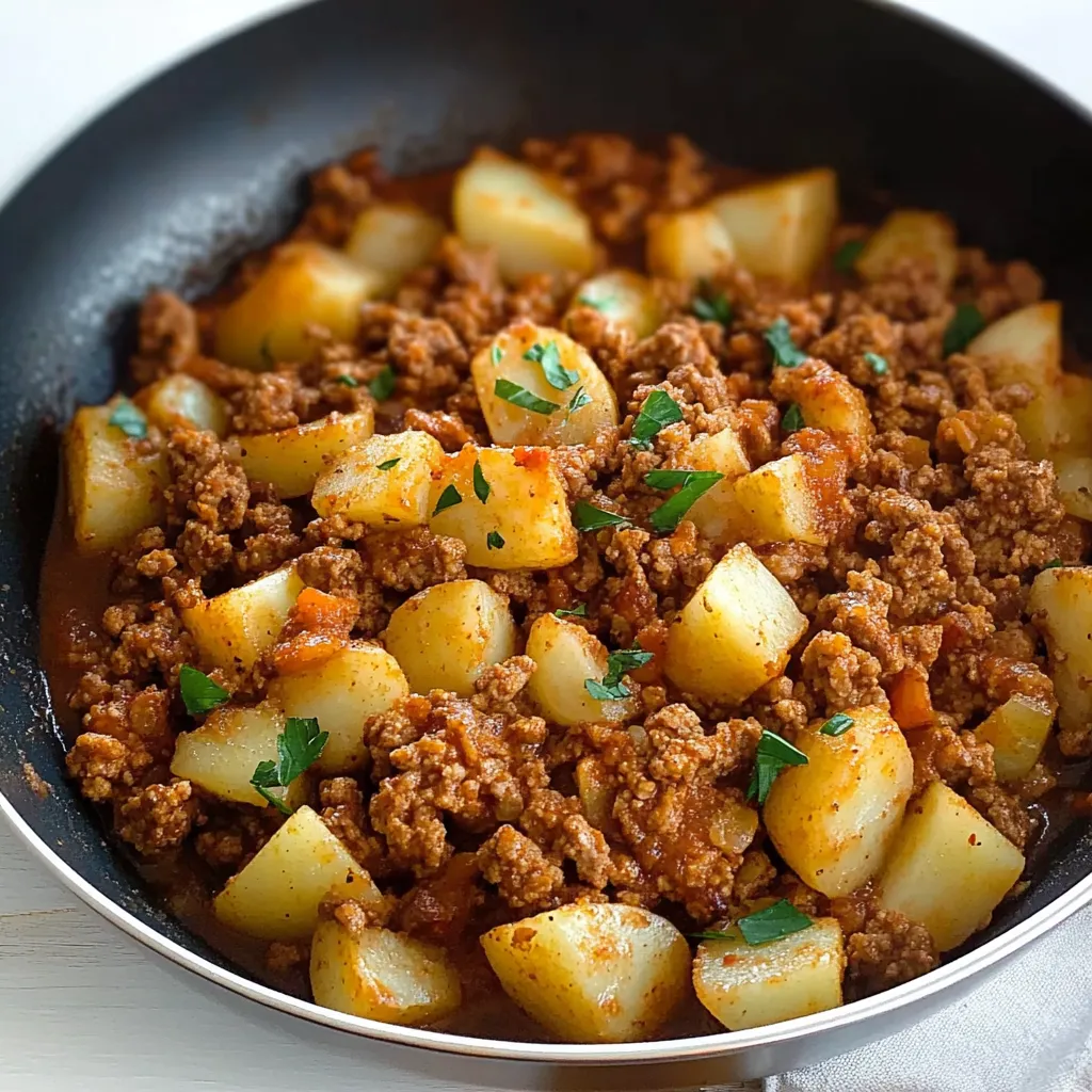 A skillet with ground turkey and potato chunks.