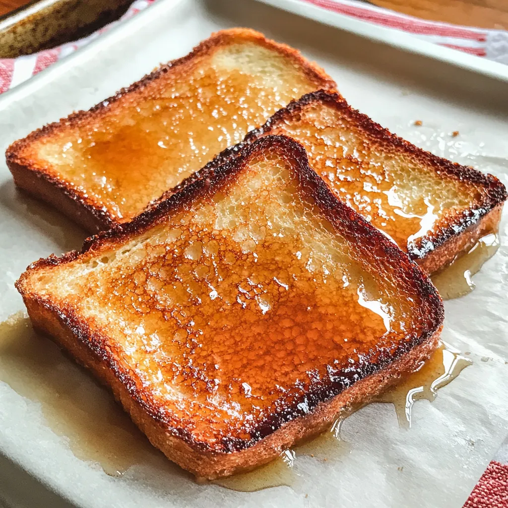 A couple of honey-drizzled brioche toasts, stacked on a plate.